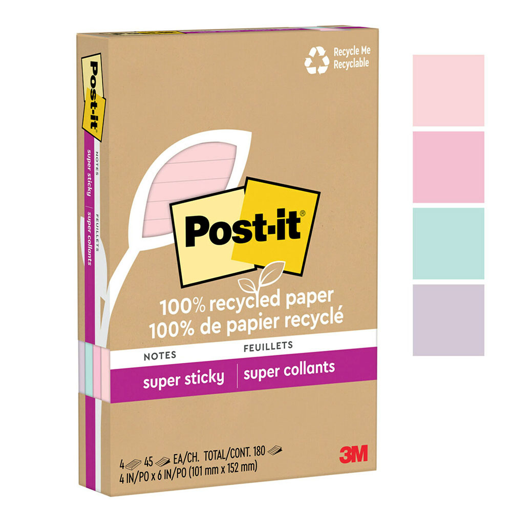 【3M】Post-it 利貼 狠黏 環保橫格便條紙 101x152mm（45張 /本）混色4本 /盒 4621R-4SSNRP