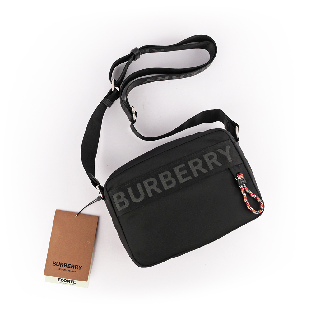 BURBERRY Logo細節緹花編織拉鍊斜背包/黑色, , large