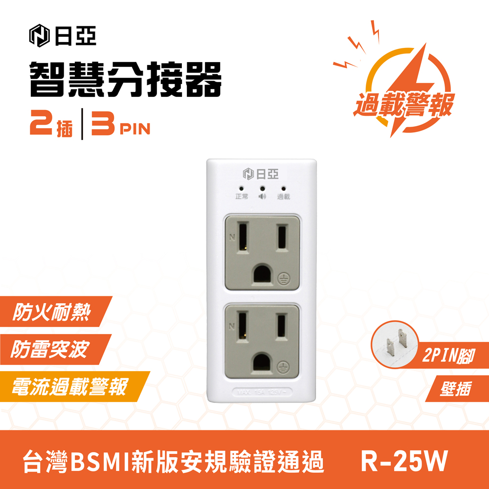 [寶旺旺] 日亞 智慧3孔2插 蜂鳴 分接器(新安規 電流過載 警報裝置) R-25W