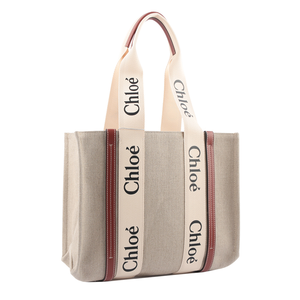 CHLOE' Woody 亞麻帆布拼牛皮托特包/中款/焦糖色, , large