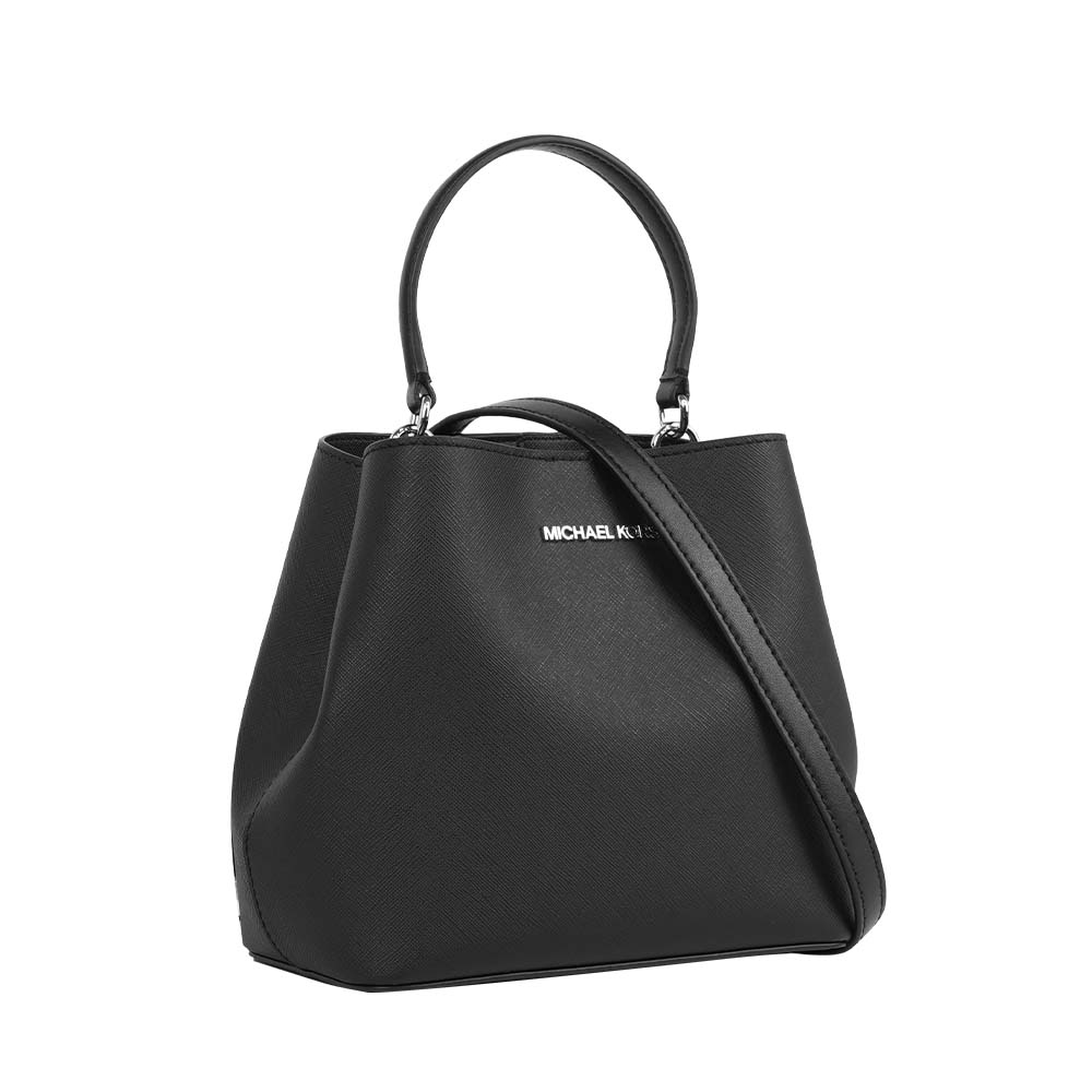 Michael Kors Pratt 銀字素面手提/斜背二用小款水桶包(黑色), , large
