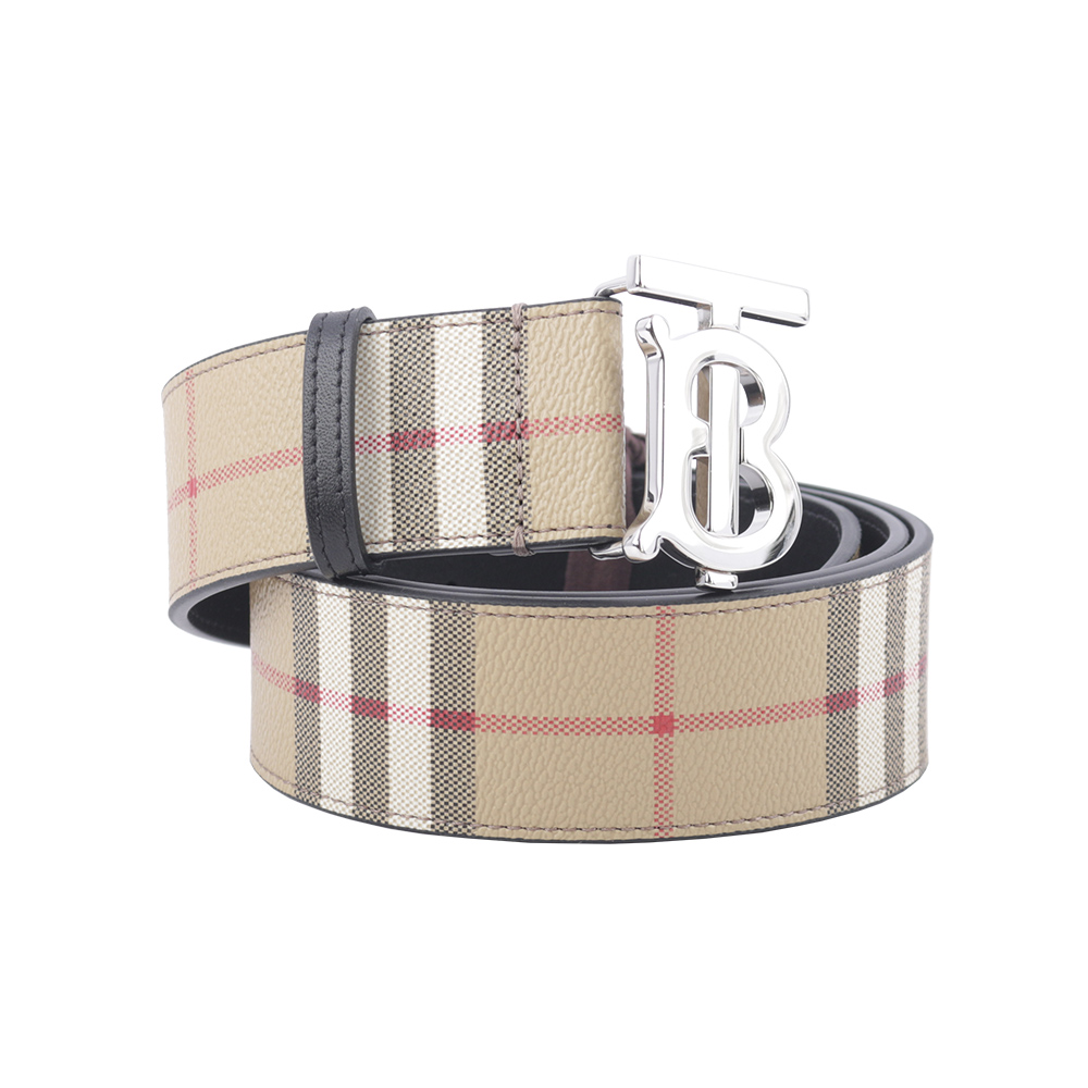 BURBERRY 銀色TB Logo 帆布拼牛皮寬4cm/90cm皮帶/米色, , large