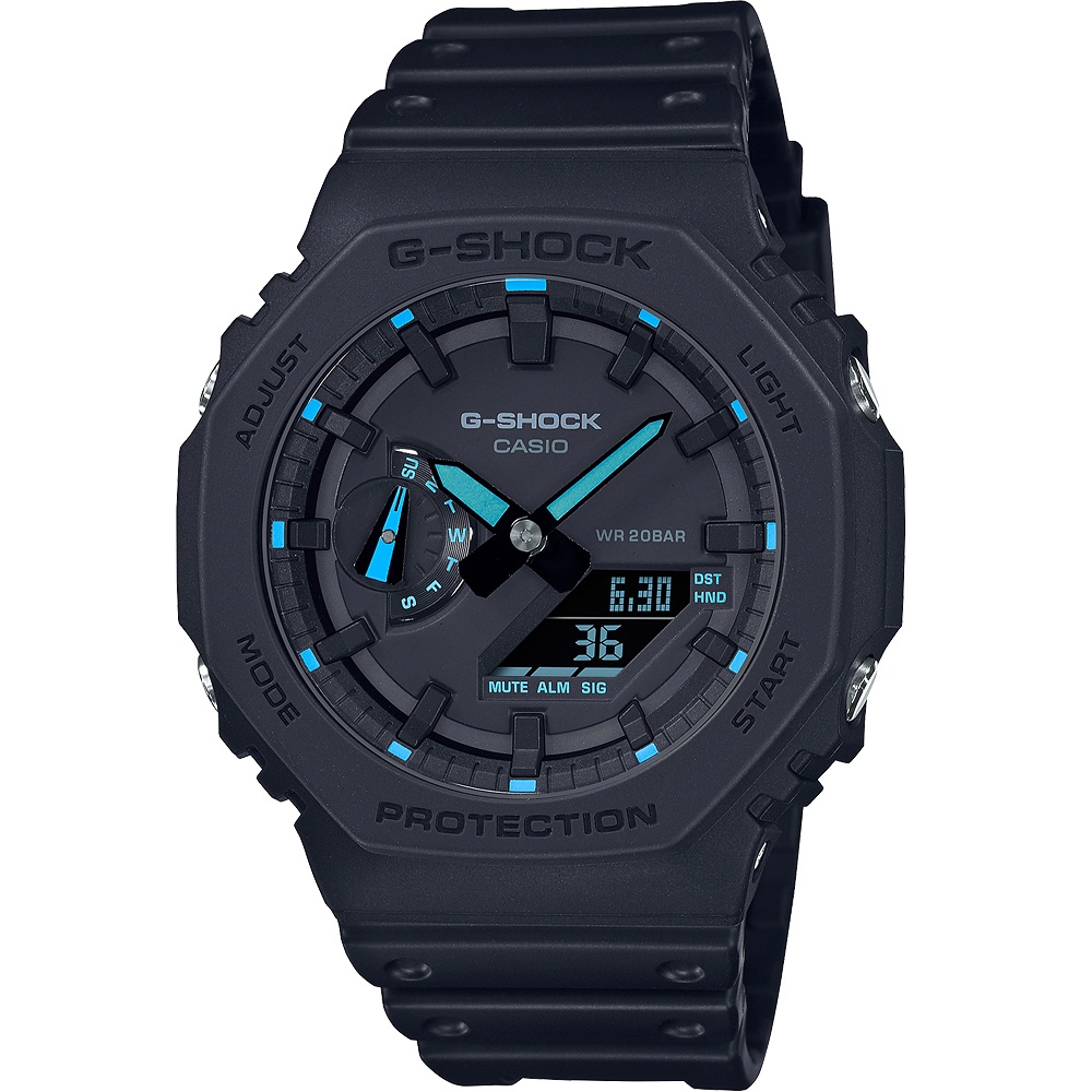 CASIO 卡西歐 G-SHOCK 霓虹藍 耐衝擊八角雙顯電子錶 GA-2100-1A2, , large