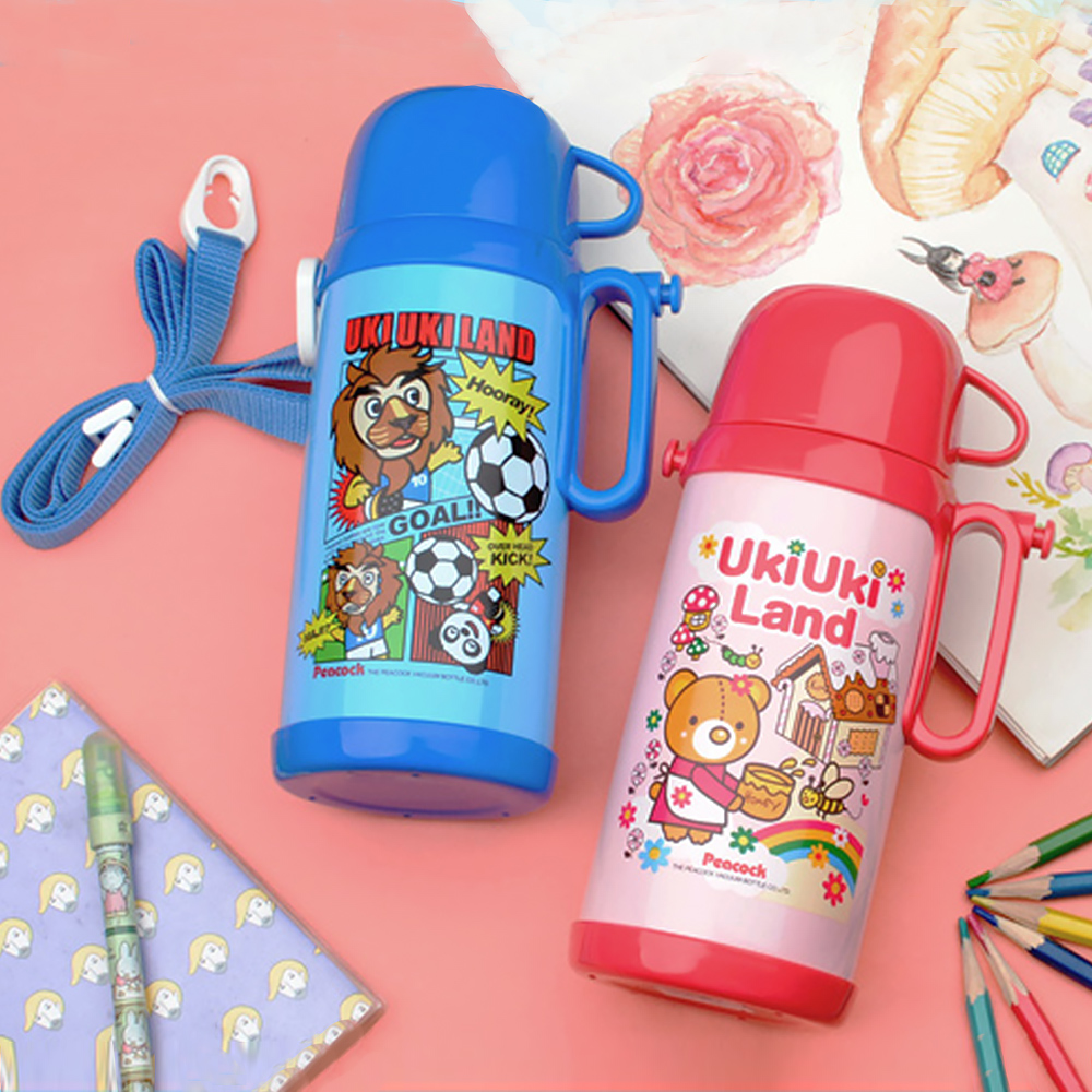 【日本孔雀Peacock】日系兒童隨身316不鏽鋼保冷保溫杯水壺580ML(握把+背帶設計)-藍運動獅, 藍運動獅, large