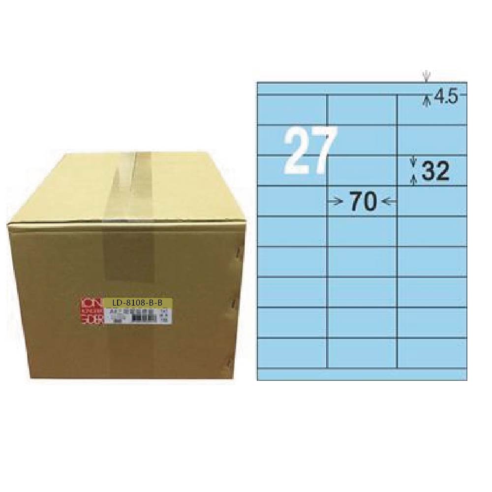 【龍德】LONGDER 三用電腦標籤 A4 27格 32*70mm淺藍1000張/箱 LD-8108-B-B(適用雷射、噴墨、影印), , large