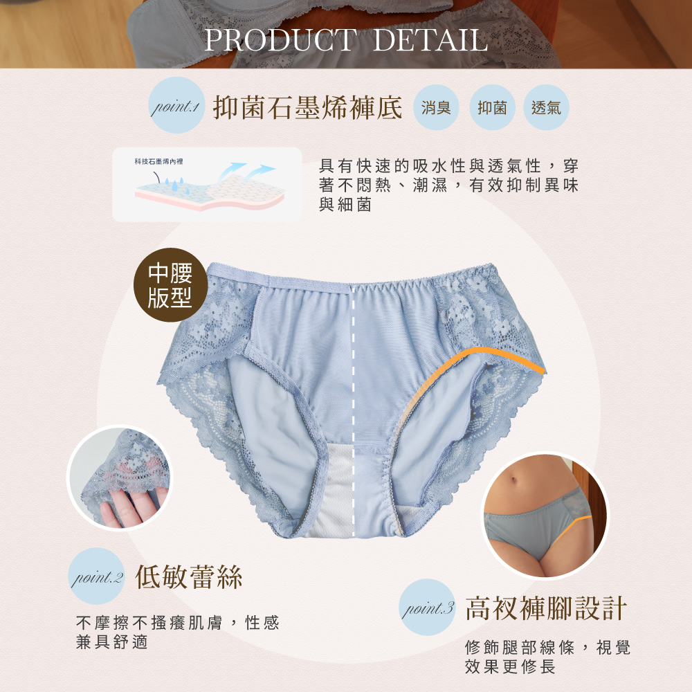 【Clany 可蘭霓】 MIT石墨烯抑菌透氣包臀蕾絲中腰M-XL內褲 3071-52 霧灰藍, , large
