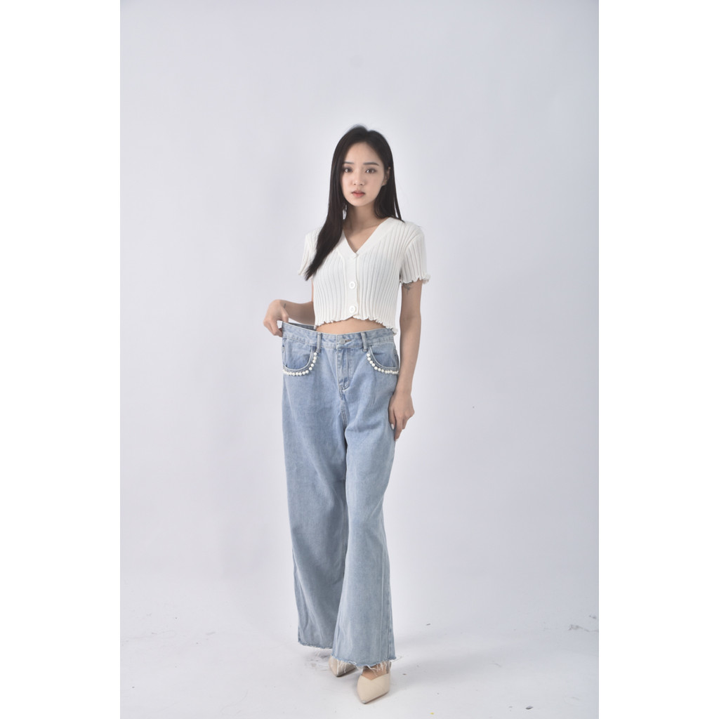 (L) 高腰丹寧牛仔珠珠藍色長褲二手衣, , large