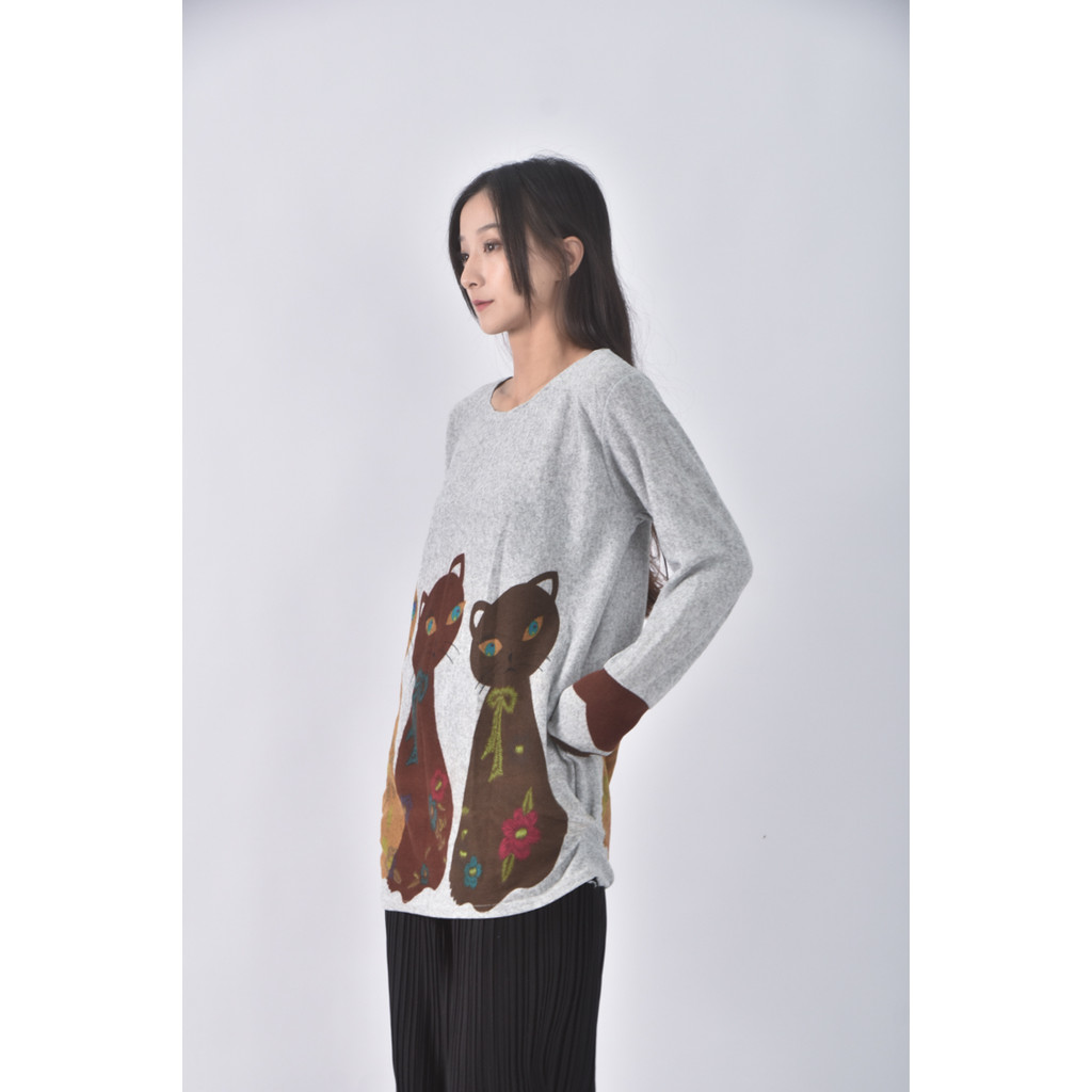 (L) 貓咪灰色長袖上衣二手衣, , large
