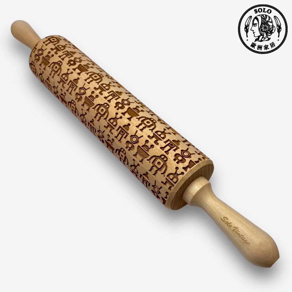 【SOLO Vintage】Robot Rolling Pin 43CM Embossed Natural European Wood Made in Poland, , large