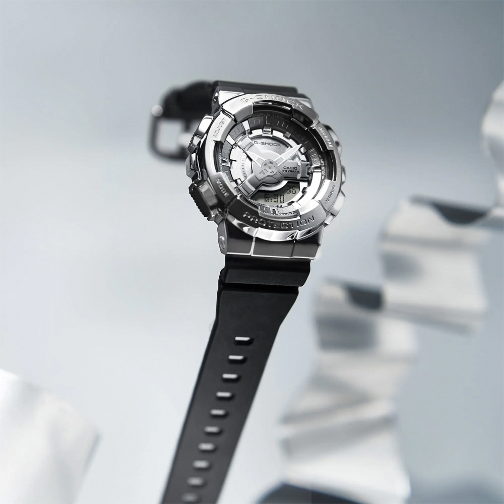 CASIO 卡西歐 G-SHOCK 金屬色雙顯電子錶-百搭銀 GM-S110-1A, , large