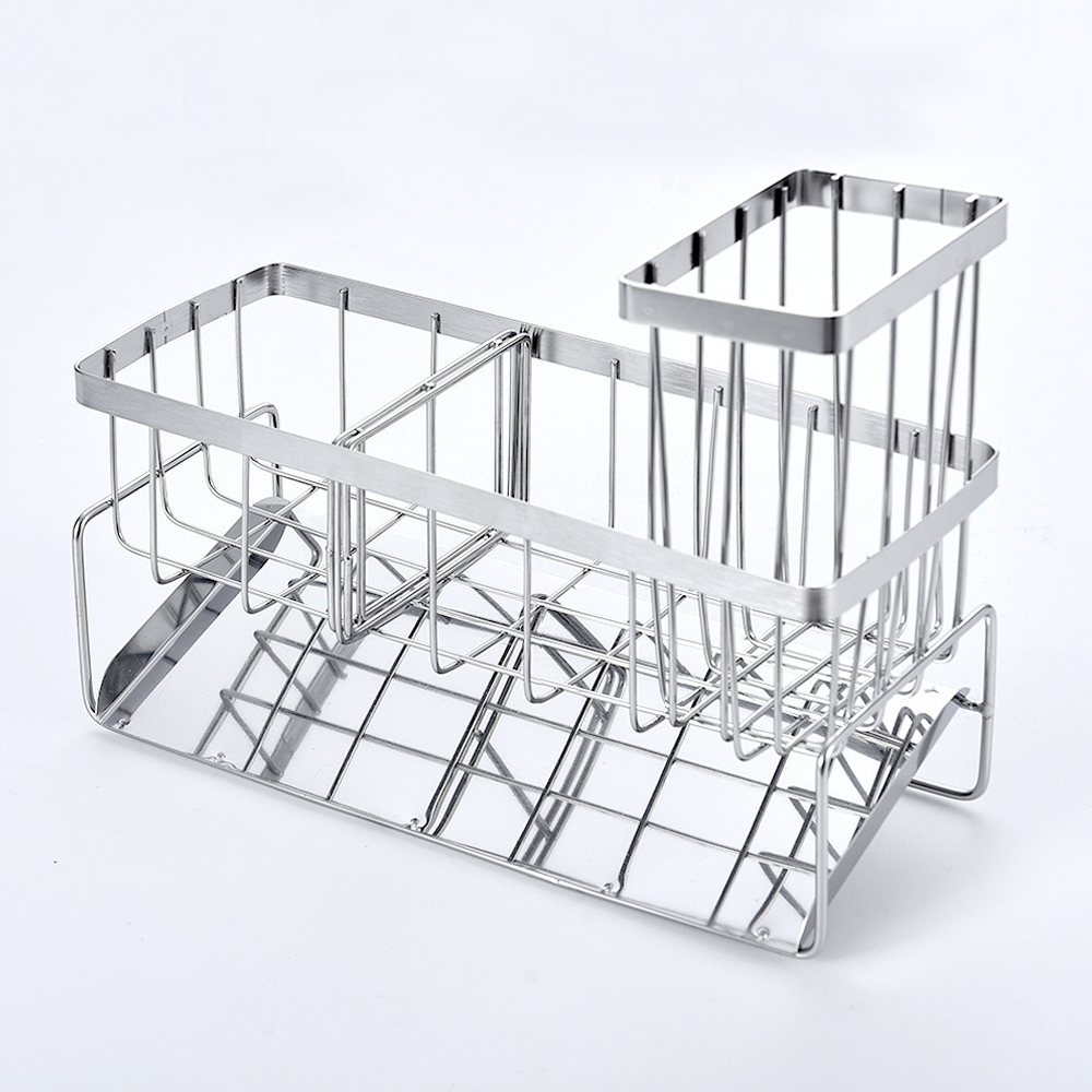 【SV61328】304不銹鋼抹布架 一體式水槽洗碗海綿瀝水籃 廚房收納置物架 傾斜水盤, , large