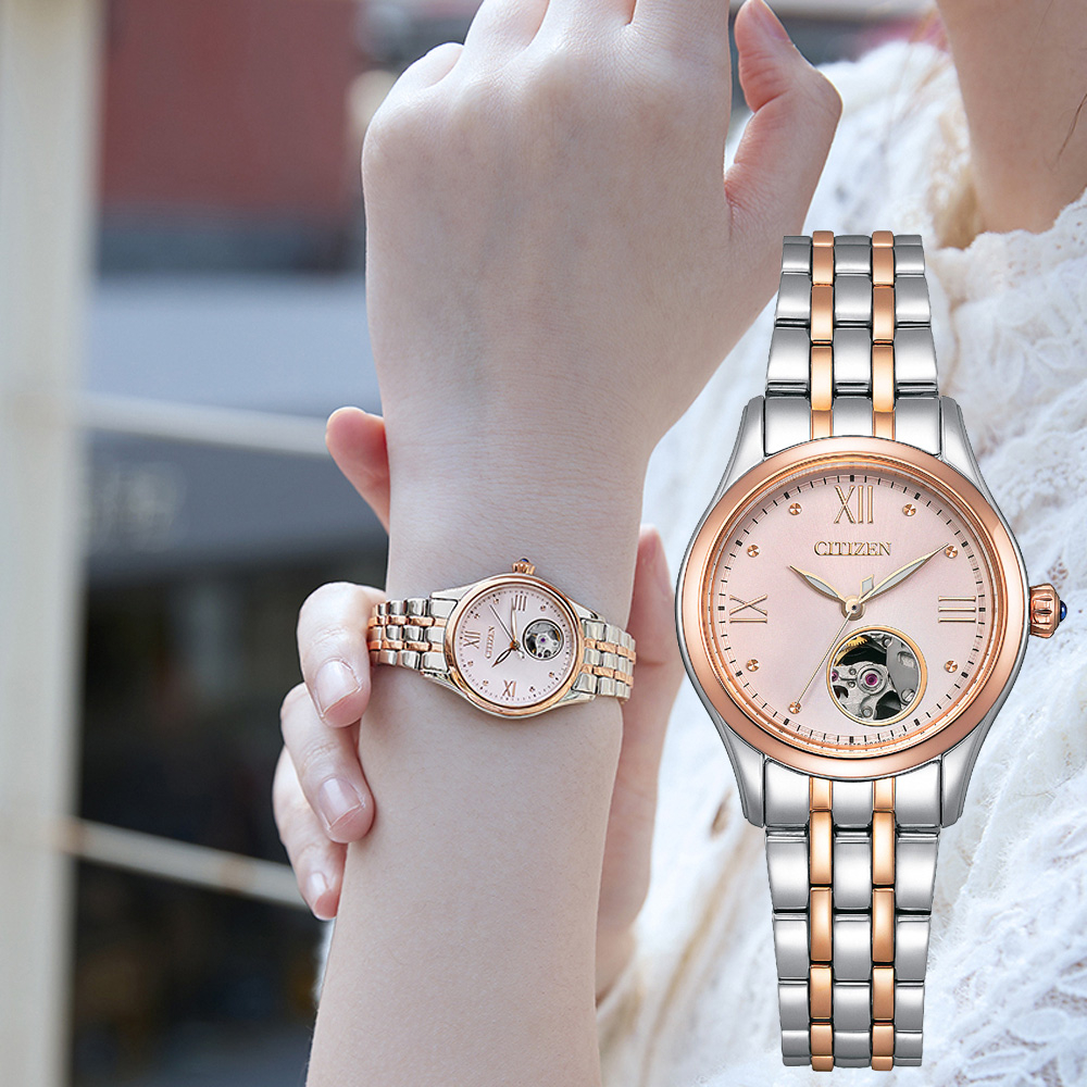 CITIZEN 星辰 小鏤空優雅機械女錶-銀x玫瑰金/28.5mm PR1044-87X, , large