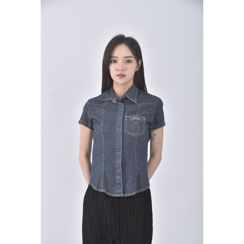 (S) calvin klein丹寧牛仔質感棉質藍色短袖上衣二手衣, , large