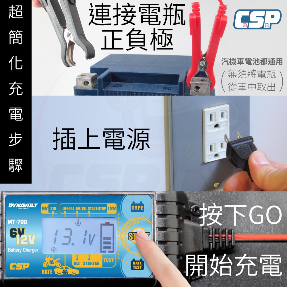 【CSP】MT700 汽機車電池 充電器  機車 汽車 電瓶 電池充電器 6V 12V 雙電壓 檢測 鋰鐵電池 鉛酸電池, , large