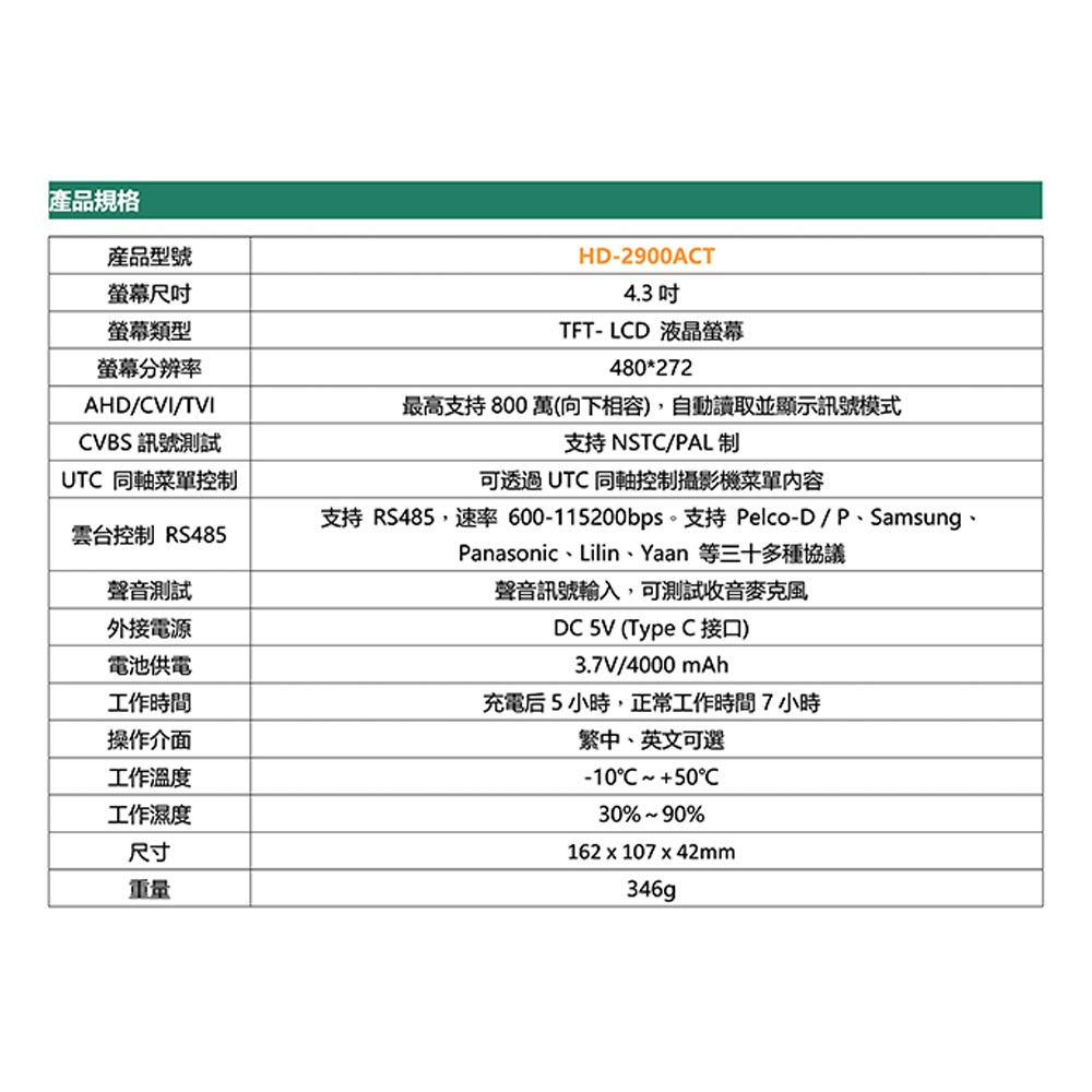 昌運監視器 HD-2900ACT 4.3吋 800萬 四合一 同軸型測試工程寶(以HD-2950ACT新款出貨), , large