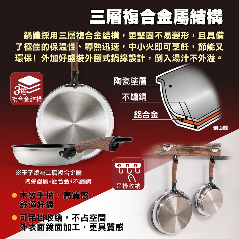 【日本北陸hokua】Mecera Zero陶瓷IH三層複合金不沾平底鍋28cm(含蓋), , large