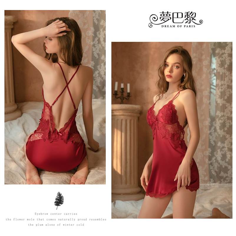 [夢巴黎]   法式蕾絲交叉露背睡衣 (附丁字褲) 蕾絲睡衣 連身睡衣 性感睡衣 居家服 睡裙 睡衣裙 女睡衣 睡衣, , large