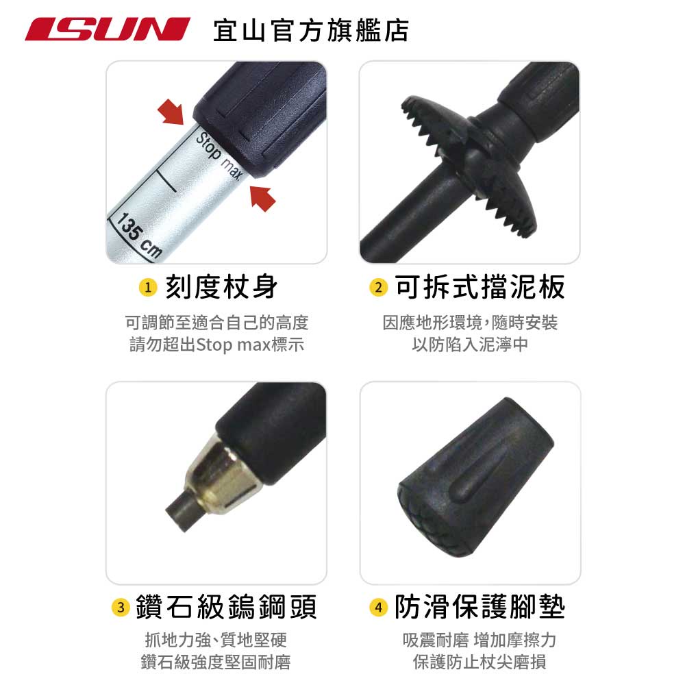 【ISUN】7075避震三節登山杖 Mountrail 黑綠色 (2入)｜高密度EVA握把 7075航太級鋁合金 附腳墊及擋泥板, , large