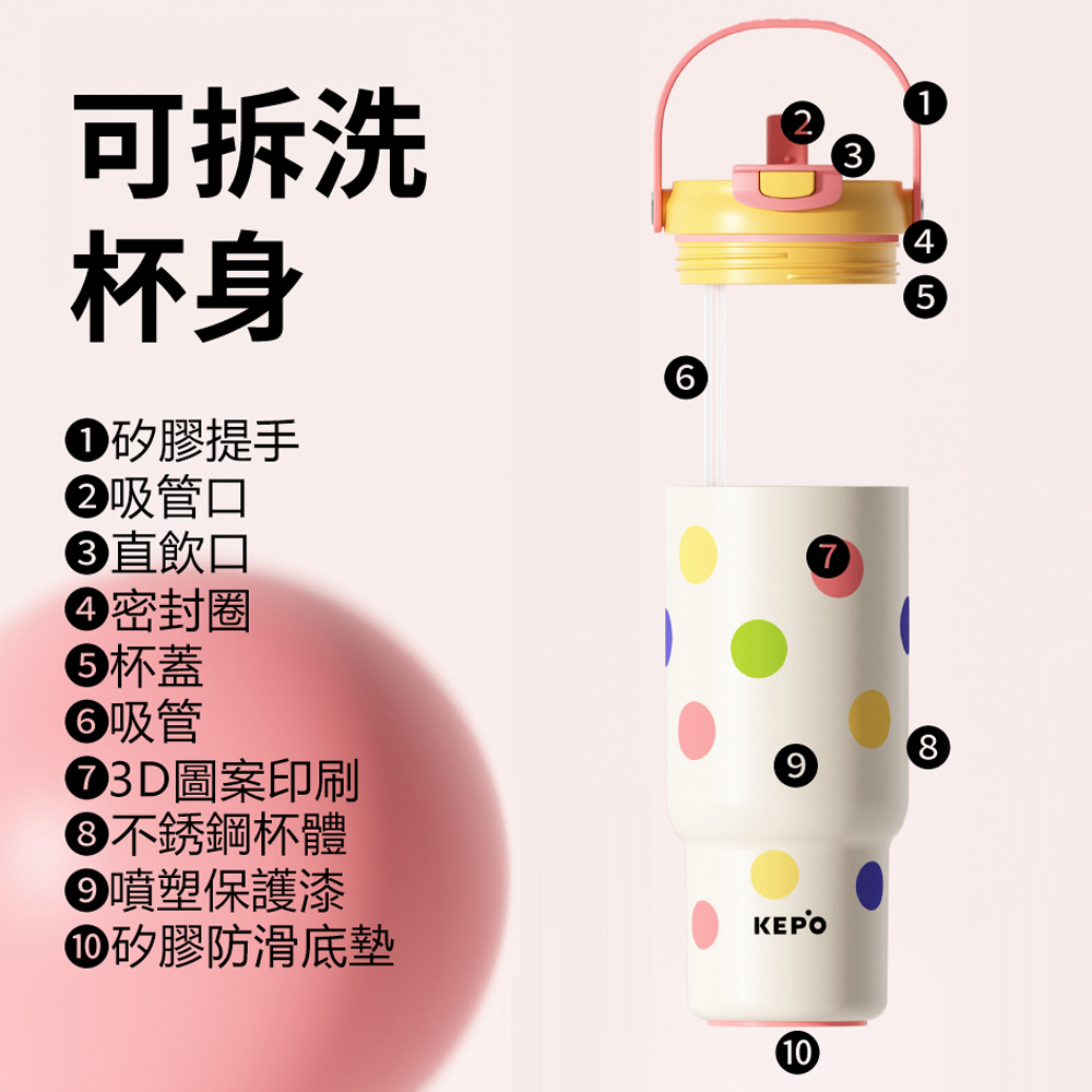 KEPO LQ 900ML KC008 手提雙飲吸管杯 316L不銹鋼內膽 紫藤生花, , large