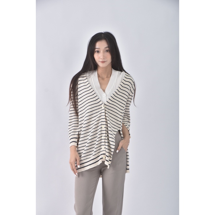 (M) max co質感亞麻棉質條紋杏色外套二手衣, , large