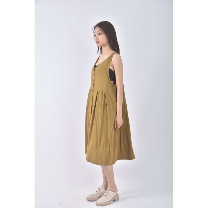 (S) moss club質感吊帶亞麻無袖綠色洋裝二手衣, , large