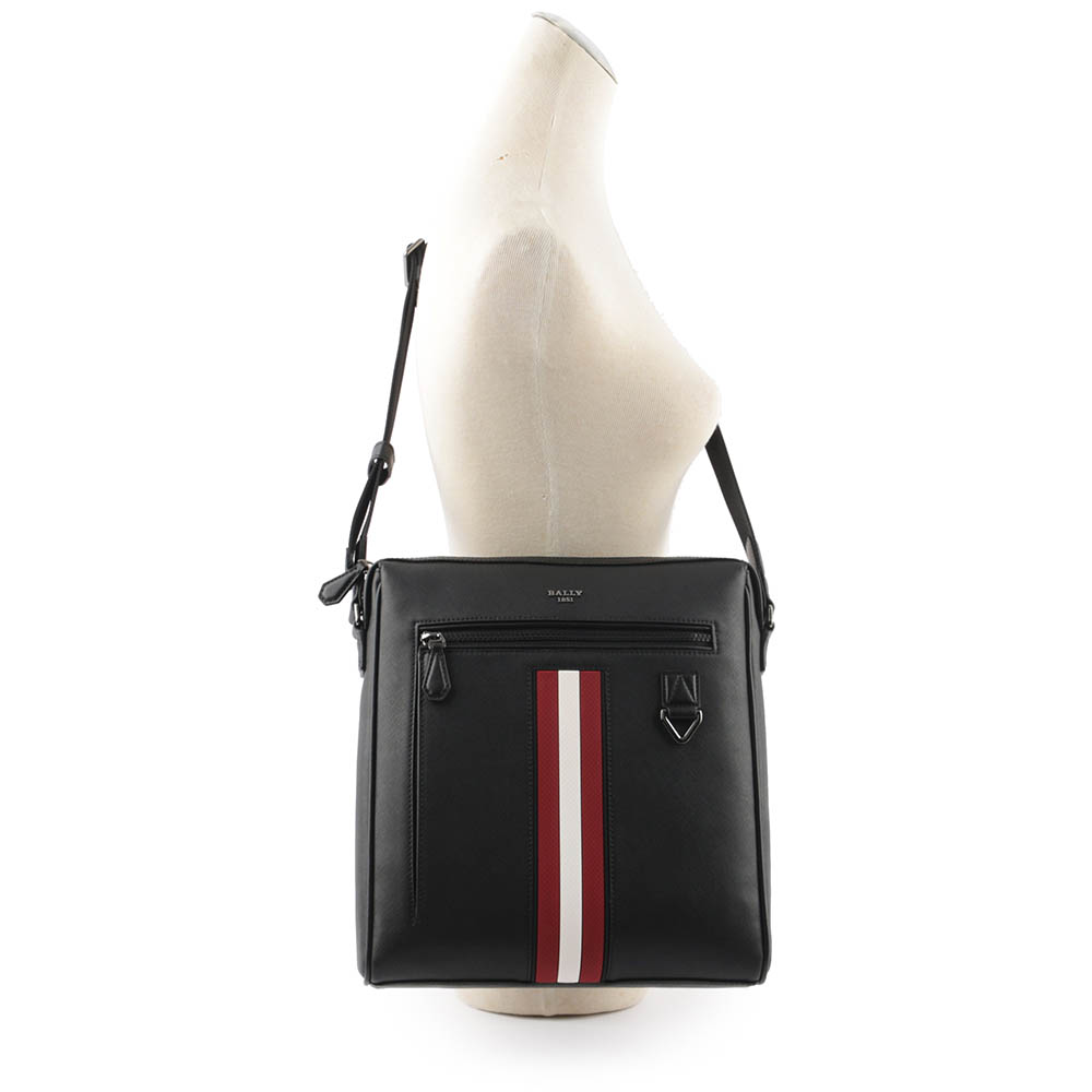 Bally Mecoy 紅白條紋再生牛皮拉鍊斜背包/黑色, , large