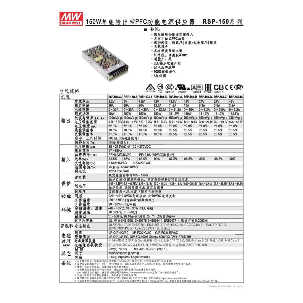 明緯 150W單組輸出電源供應器(RSP-150-12), , large