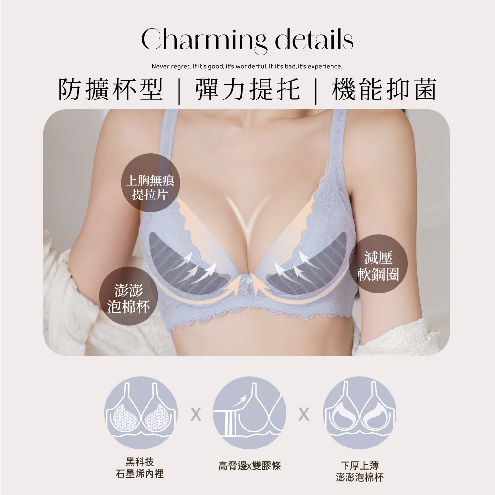 【Clany可蘭霓】夢幻花語 抗菌石墨烯集中包覆軟鋼圈 BCD 內衣 珍珠灰 8059-61, , large