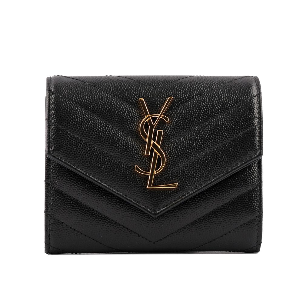 YSL 山形紋荔枝皮金字logo三折短夾(黑色), , large