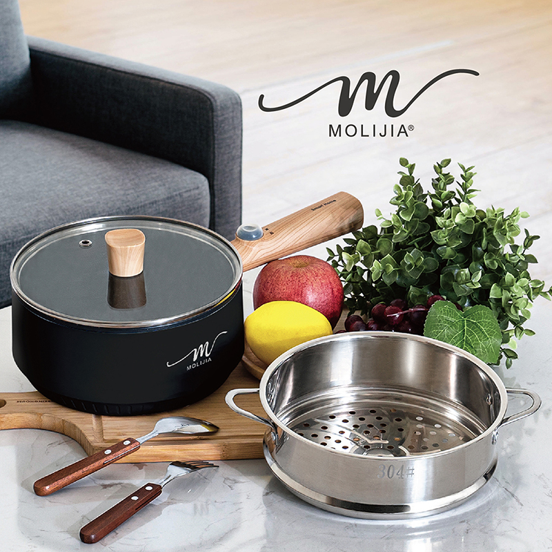 【MOLIJIA】1.6L-M18 Multifunctional Non-stick Electric Cooking Pot + M1812 Stainless Steel Steamer - Black Wood Grain, , large