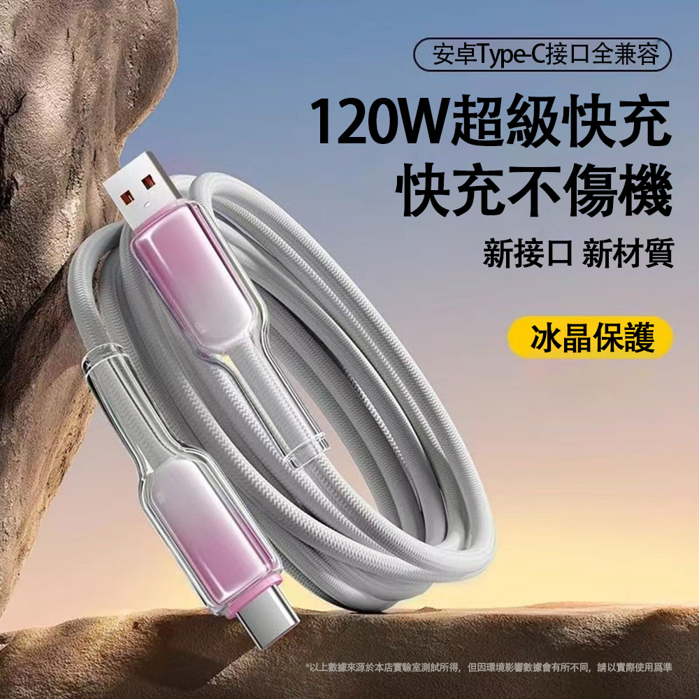 [Lele] 120W Ice Crystal Head Colorful Braided Fast Charging Cable USB to TYPE-C1M Gray, White and Pink, , large