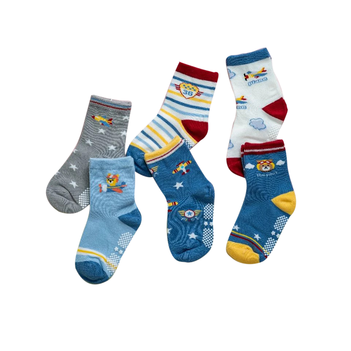 [Kaimei Cotton] MIT Made in Taiwan pure cotton non-slip children's socks (3-6 years old) airplane bear style - 8 pairs, , large