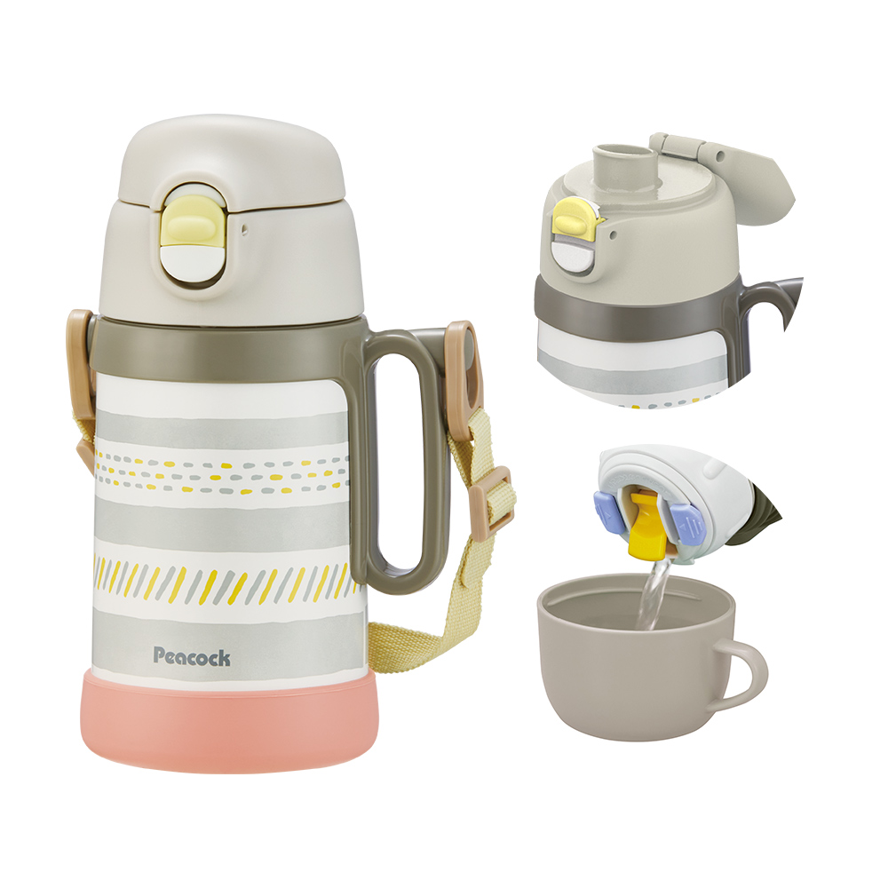 【日本孔雀Peacock】藝術家 耐衝擊底座 直飲+水杯兩用 兒童不鏽鋼保溫杯水壺490ML(握把+背帶)-灰, 灰, large