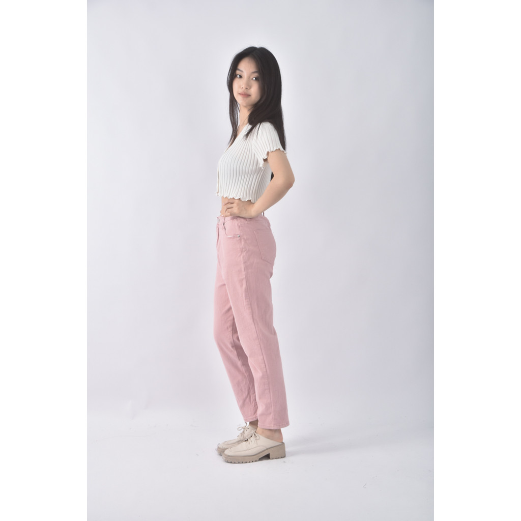 (M) 高腰質感丹寧牛仔粉色長褲二手衣, , large