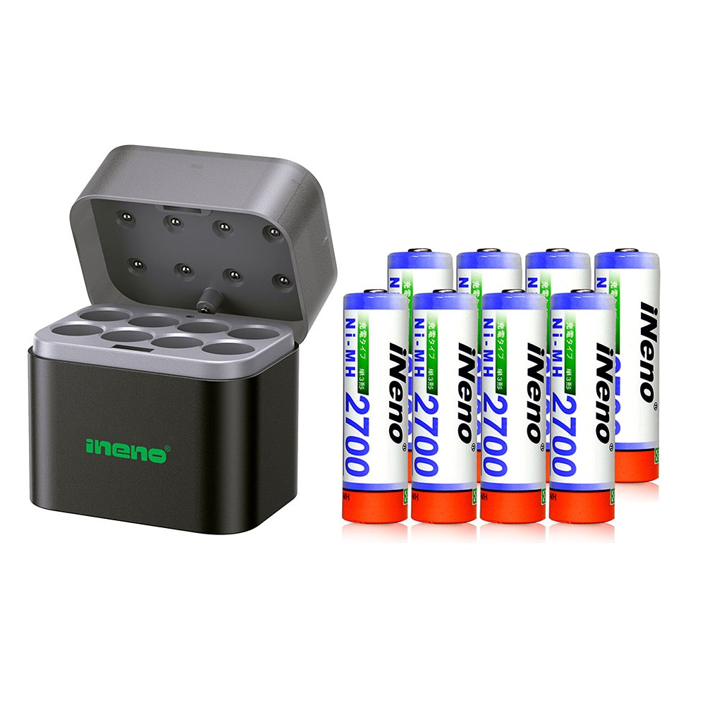 【ineno】3號/AA高容量鎳氫充電電池2700mAh 8入+(鎳氫/鋰電 混充型 3號8槽)AI隨身收納盒充電器, , large