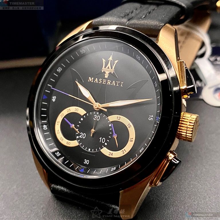 [星晴錶業]MASERATI手錶,46mm,R8871612025黑色錶面黑錶殼深黑色真皮皮革錶帶款, , large