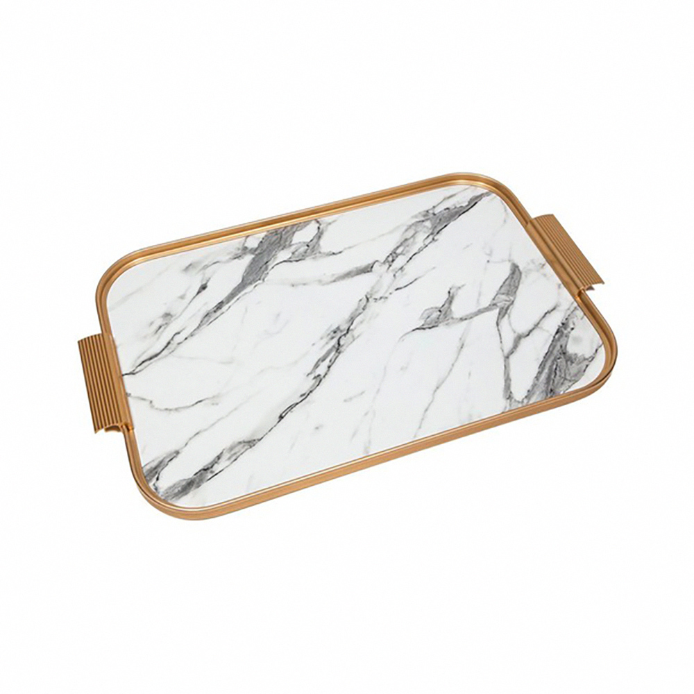 Kaymet Rectangular Tray - Gold Edges + White Marble - 40x28cm, , large