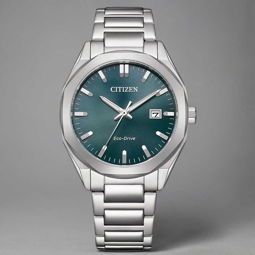 CITIZEN 星辰 限量 光動能八角形經典大三針手錶 送禮推薦-銀x綠/38mm BM7620-83X, , large