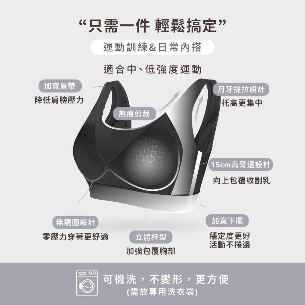 【伊柔EVEROY】顯瘦無痕高包覆無鋼圈運動內衣 M-2XL 內衣 百搭黑 W035-63, , large