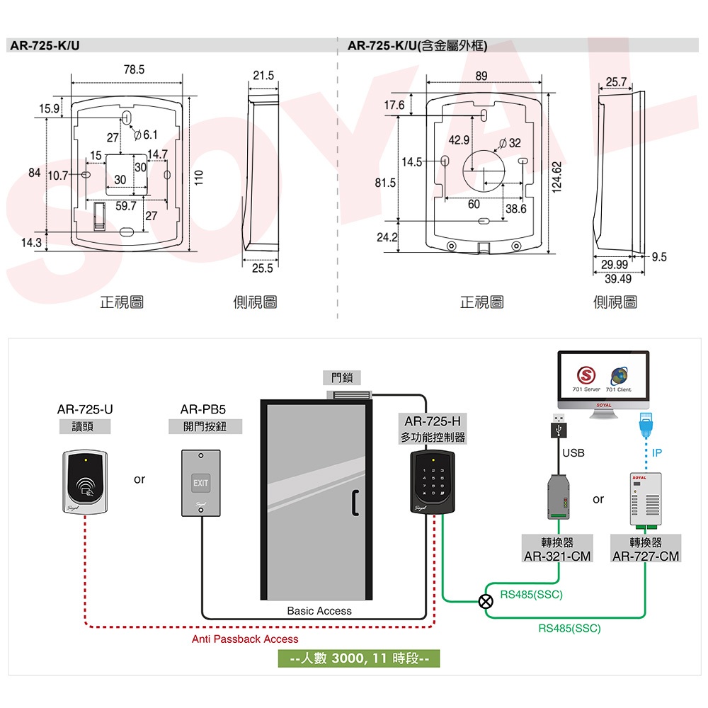 昌運監視器 SOYAL AR-725-U(AR-725U) Mifare MF 亮黑 門禁讀頭 觸碰式背光設計款感應讀頭, , large
