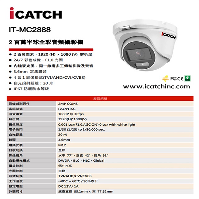 昌運監視器 門市推廣售價 可取 IT-MC2888 200萬畫素 同軸音頻攝影機 半球監視器, , large