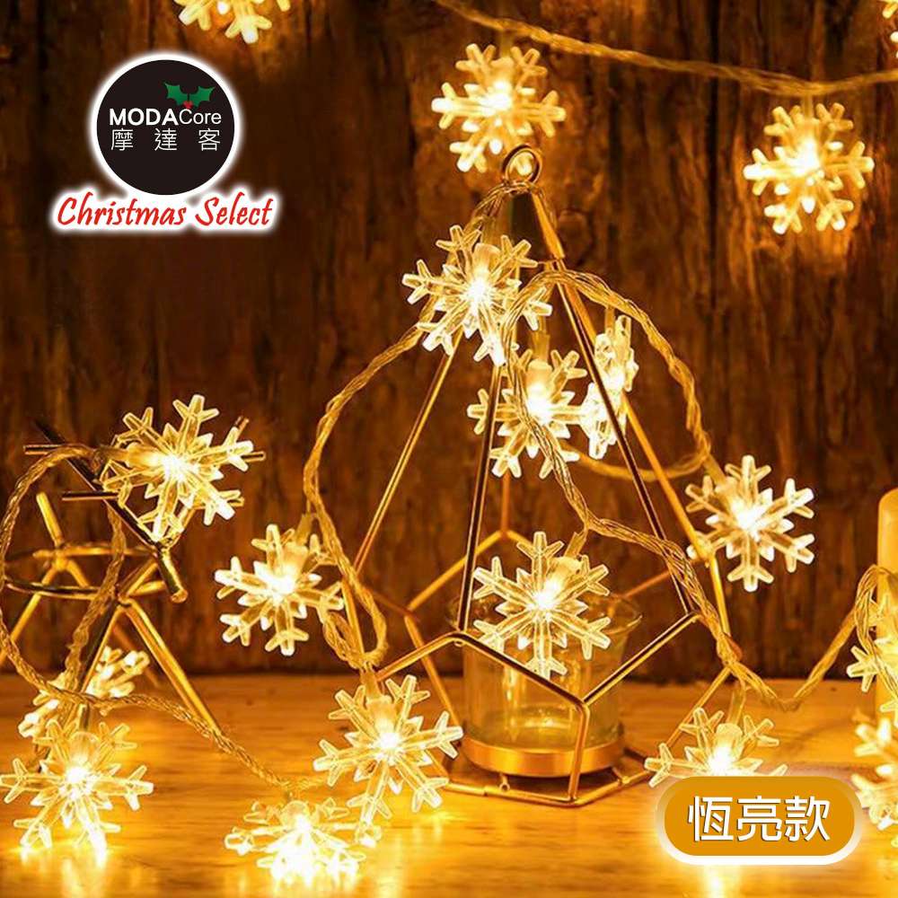 摩達客-浪漫氣氛20燈LED造型聖誕燈串(暖白光恆亮/透明線/USB充電)-暖白雪花款, , large