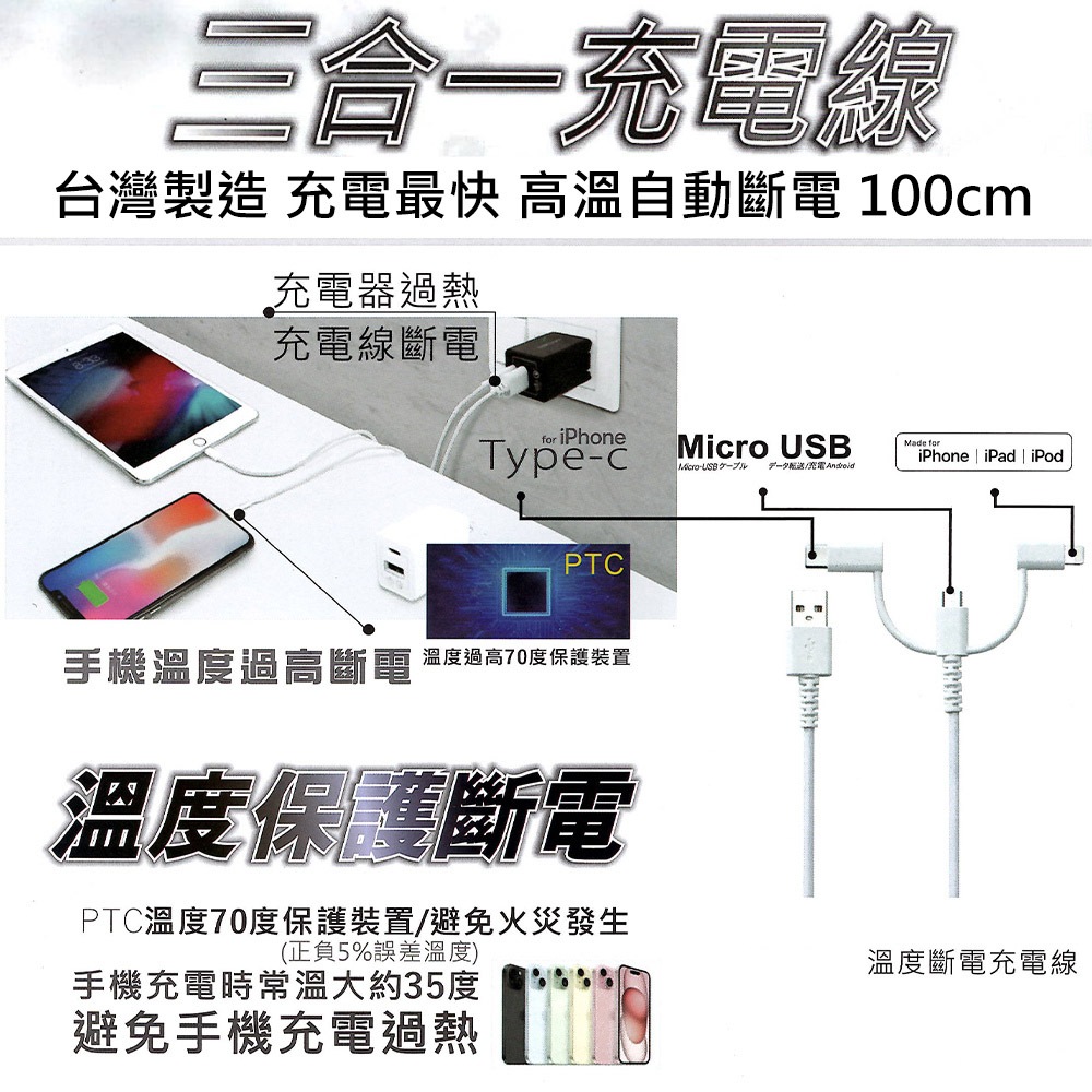 GS MALL 台灣製造 三合一充電線 溫度保護斷電充電線 傳輸線 快充線 USB線 TYPE-C 充電線 MICRO, , large