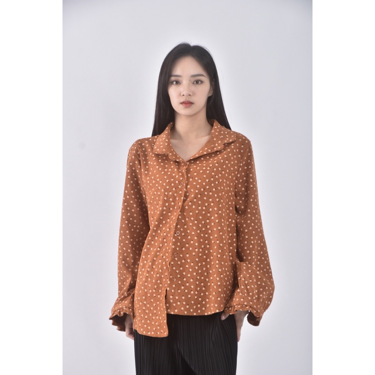 (L) smile質感碎花橘色長袖上衣二手衣, , large