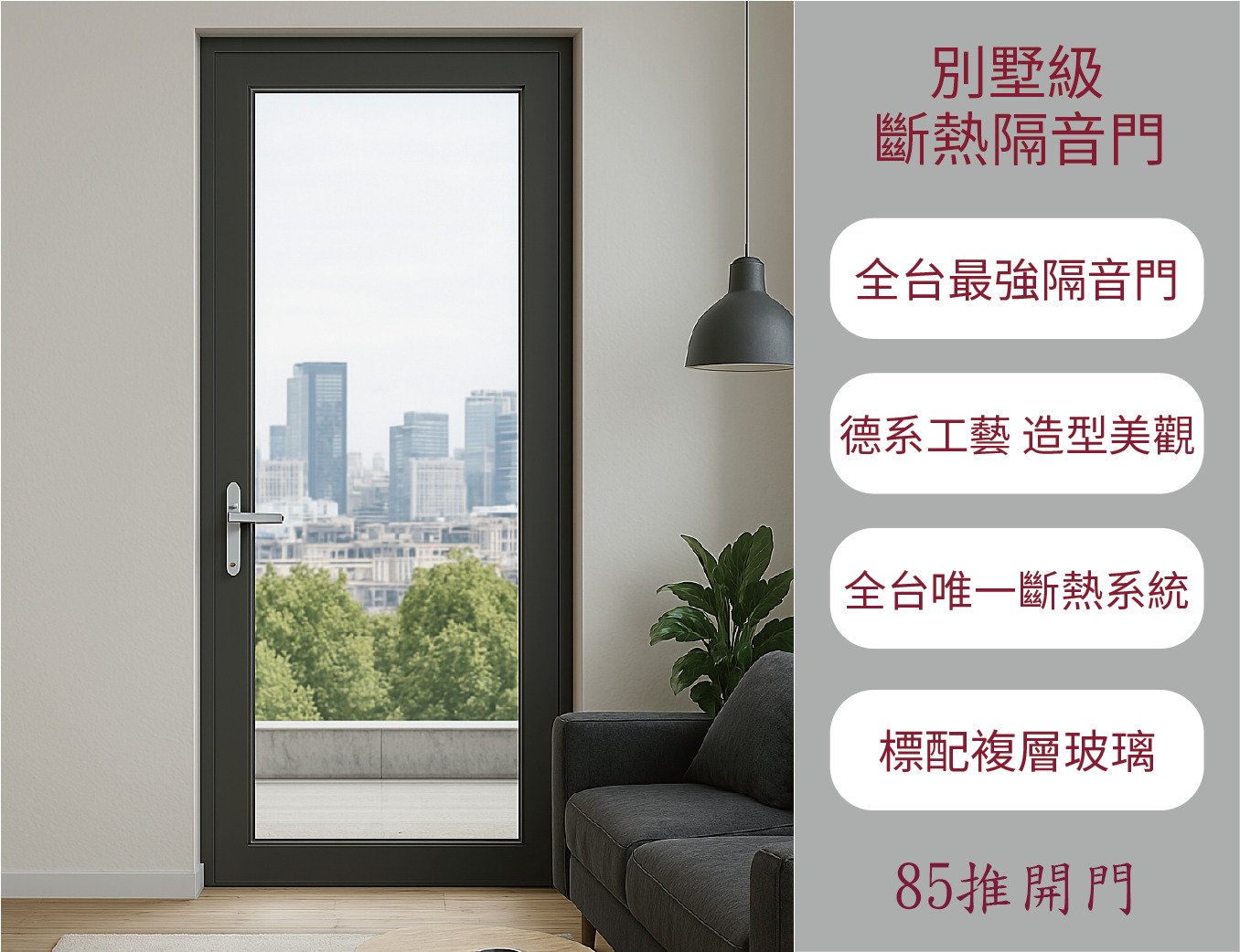 [酷森極靜音門窗]85斷熱隔音玻璃單開門, , large