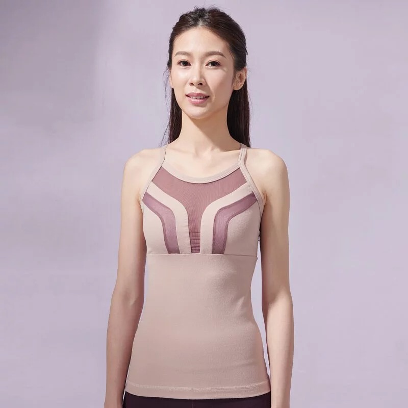 YOGA FLOW Venus Tank - 撞色網紗長版上衣 - 沙褐粉 Camel