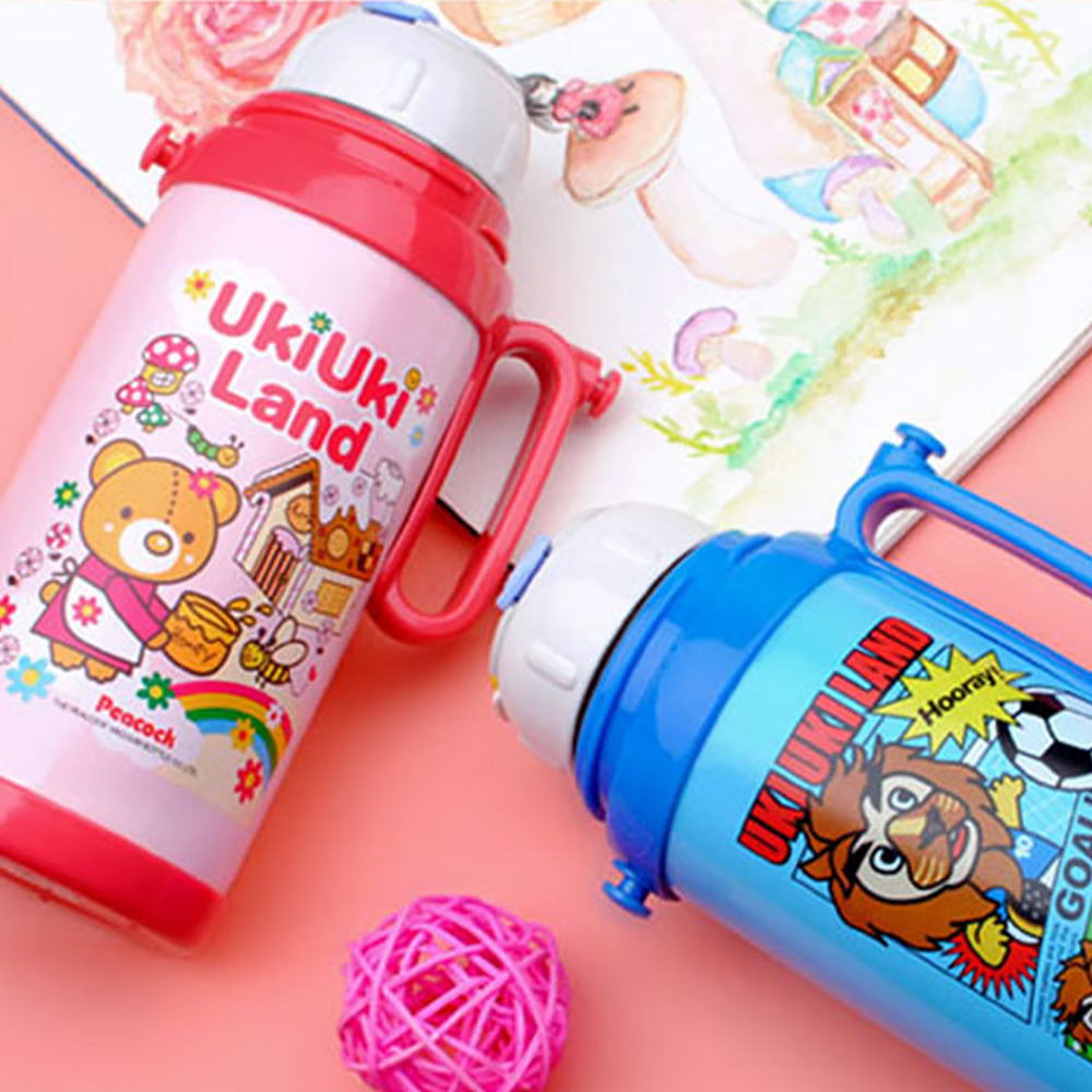 【日本孔雀Peacock】日系兒童隨身316不鏽鋼保冷保溫杯水壺580ML(握把+背帶設計)-藍運動獅, 藍運動獅, large