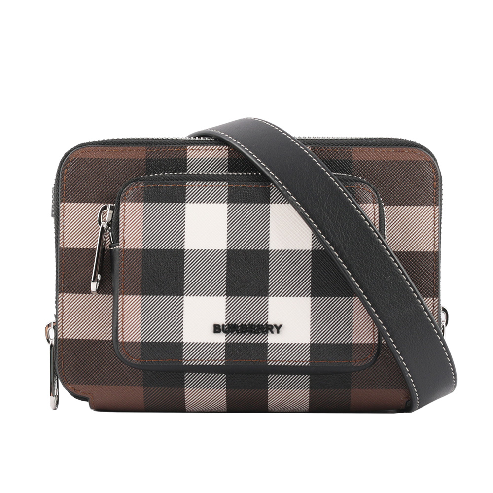 BURBERRY 塗層帆布格紋口袋拉鍊扁形斜背包/暗樺木棕色, , large