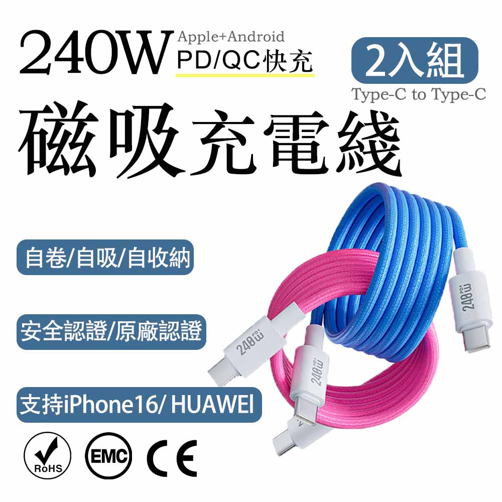 Set of 2 Candy Magnetic Type-C to Type-C Certified 240W Pink Fast Charging Cables 1M, , large