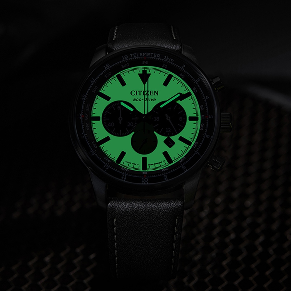 CITIZEN 星辰 綠幽靈夜光光動能三眼計時手錶-黑x藍 CA4505-21X, , large